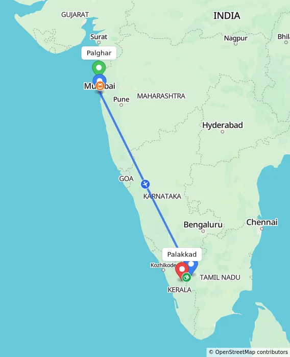Route map showing distance and travel time from Palghar, India to Palakkad, India