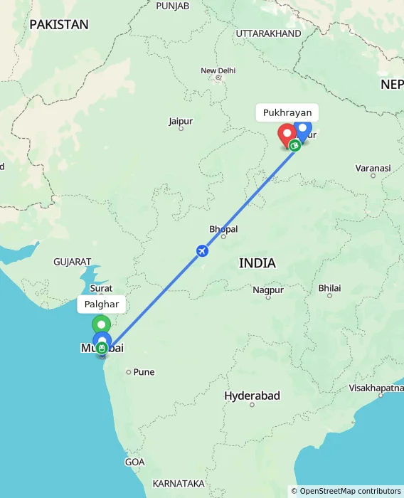 Route map showing distance and travel time from Palghar, India to Pukhrayan, India