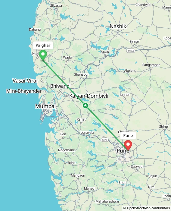 Route map showing distance and travel time from Palghar, India to Pune, India