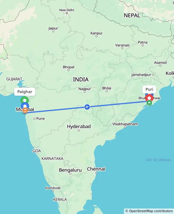 Route map showing distance and travel time from Palghar, India to Puri, India