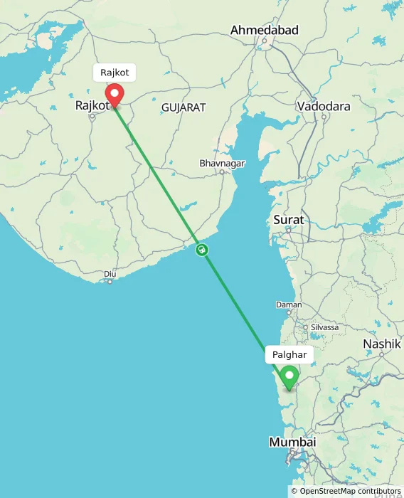 Route map showing distance and travel time from Palghar, India to Rajkot, India