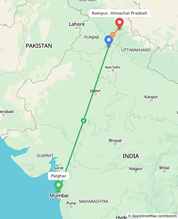 Route map showing distance and travel time from Palghar, India to Rampur, Himachal Pradesh, India