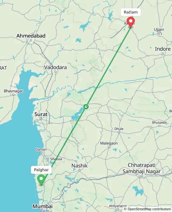 Route map showing distance and travel time from Palghar, India to Ratlam, India