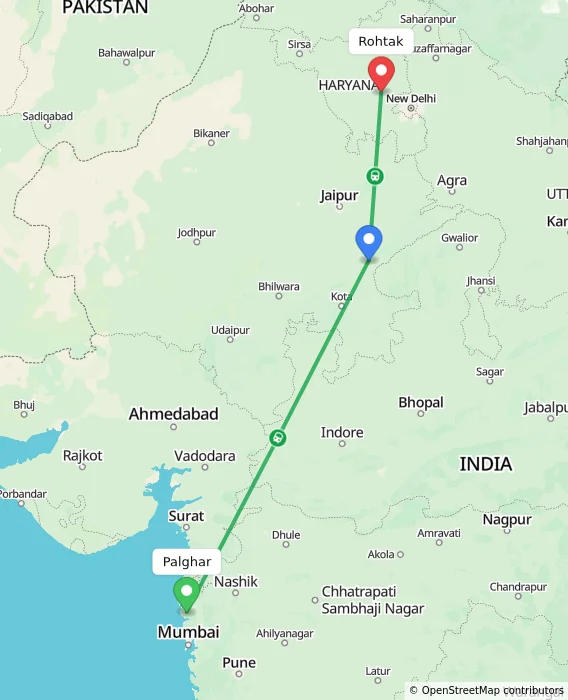 Route map showing distance and travel time from Palghar, India to Rohtak, India