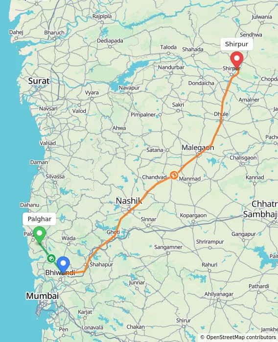 Route map showing distance and travel time from Palghar, India to Shirpur, India