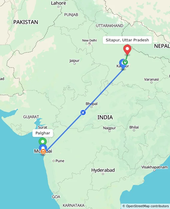 Route map showing distance and travel time from Palghar, India to Sitapur, Uttar Pradesh, India