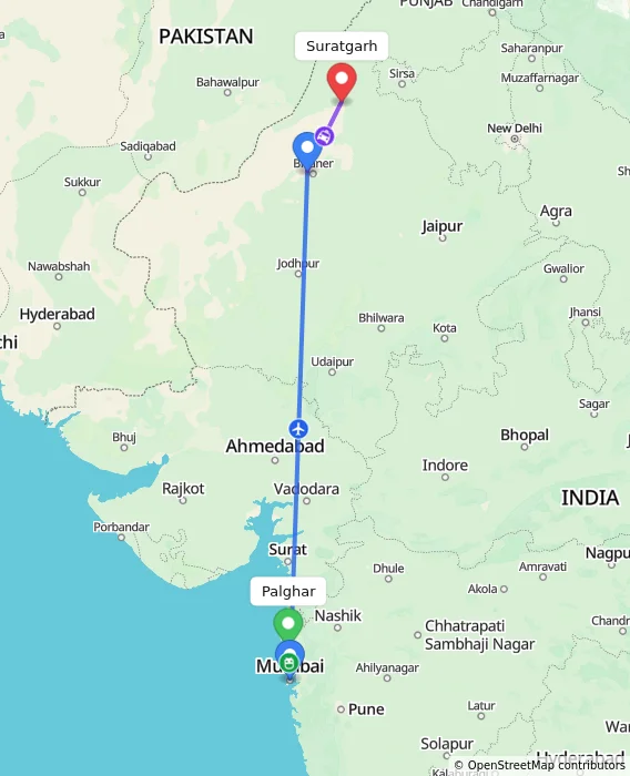 Route map showing distance and travel time from Palghar, India to Suratgarh, India