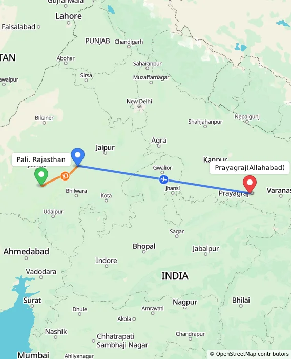Route map showing distance and travel time from Pali, Rajasthan, India to Allahabad, India
