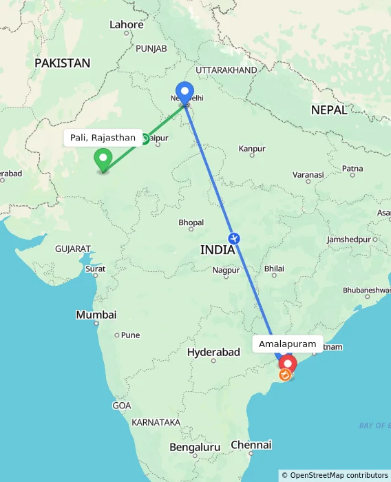 Route map showing distance and travel time from Pali, Rajasthan, India to Amalapuram, India