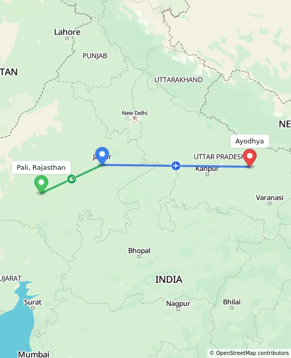 Route map showing distance and travel time from Pali, Rajasthan, India to Ayodhya, India