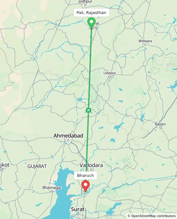Route map showing distance and travel time from Pali, Rajasthan, India to Bharuch, India