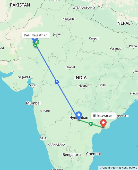 Route map showing distance and travel time from Pali, Rajasthan, India to Bhimavaram, India