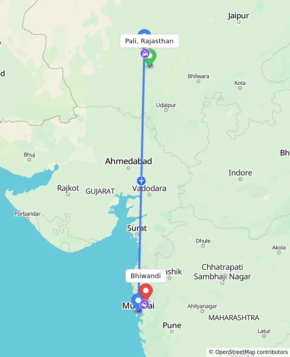 Route map showing distance and travel time from Pali, Rajasthan, India to Bhiwandi, India