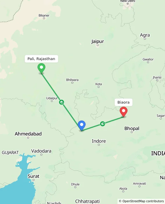 Route map showing distance and travel time from Pali, Rajasthan, India to Biaora, India