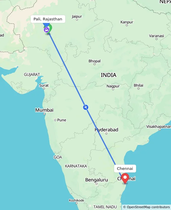 Route map showing distance and travel time from Pali, Rajasthan, India to Chennai, India