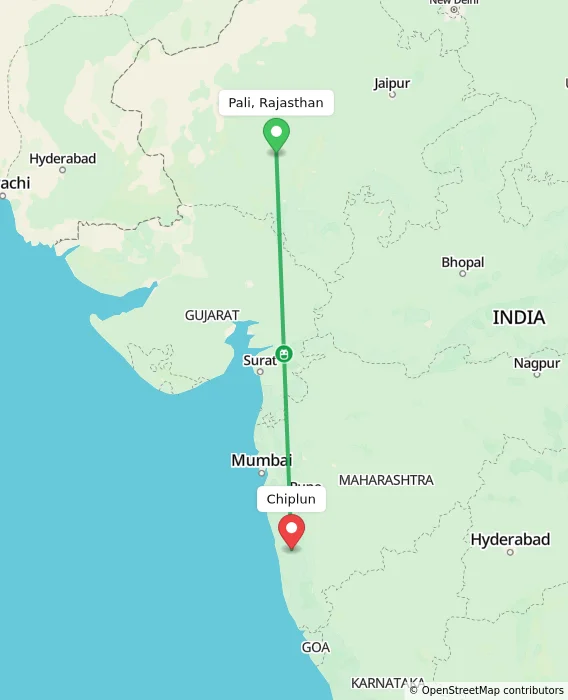 Route map showing distance and travel time from Pali, Rajasthan, India to Chiplun, India