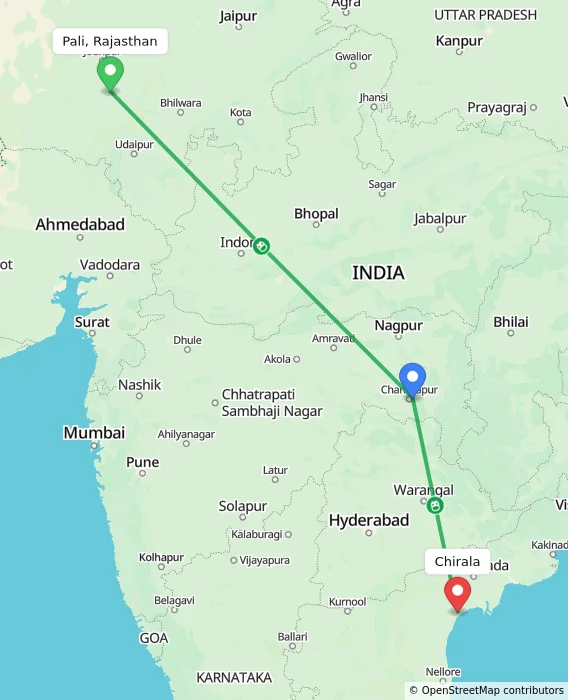 Route map showing distance and travel time from Pali, Rajasthan, India to Chirala, India