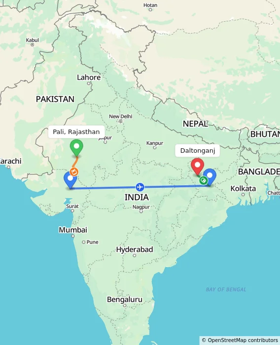 Route map showing distance and travel time from Pali, Rajasthan, India to Daltonganj, India