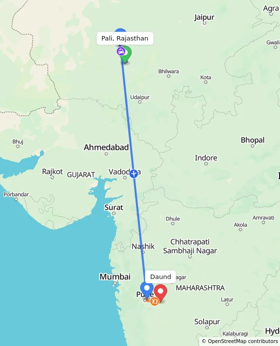 Route map showing distance and travel time from Pali, Rajasthan, India to Daund, India