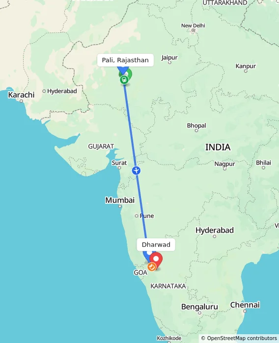 Route map showing distance and travel time from Pali, Rajasthan, India to Dharwad, India