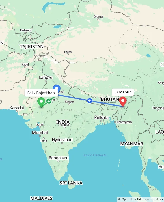 Route map showing distance and travel time from Pali, Rajasthan, India to Dimapur, India