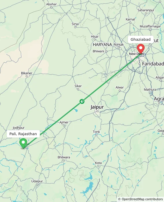 Route map showing distance and travel time from Pali, Rajasthan, India to Ghaziabad, India