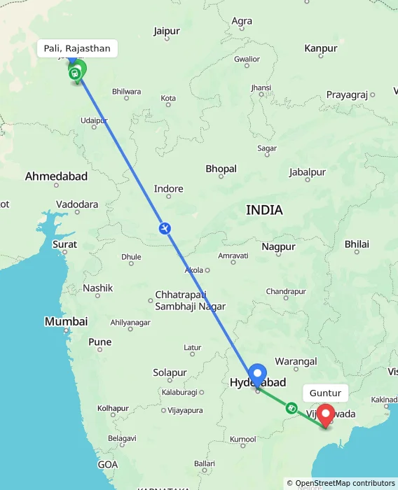 Route map showing distance and travel time from Pali, Rajasthan, India to Guntur, India
