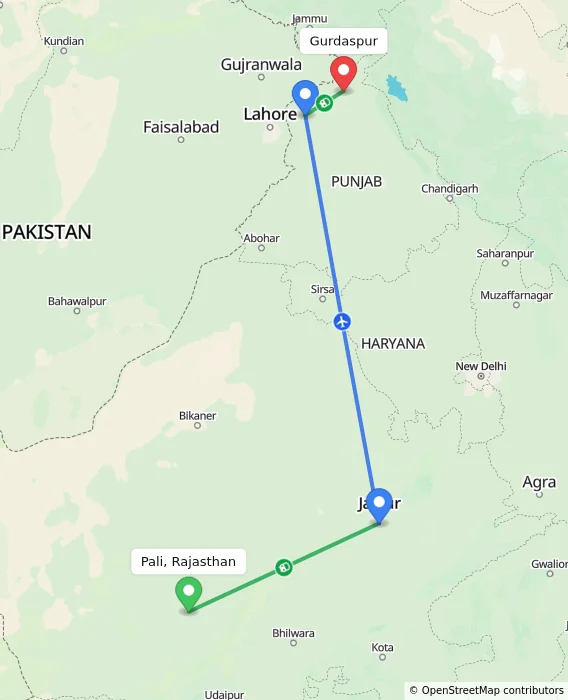 Route map showing distance and travel time from Pali, Rajasthan, India to Gurdaspur, India
