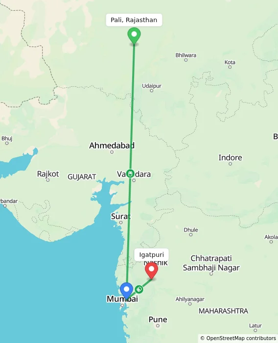 Route map showing distance and travel time from Pali, Rajasthan, India to Igatpuri, India