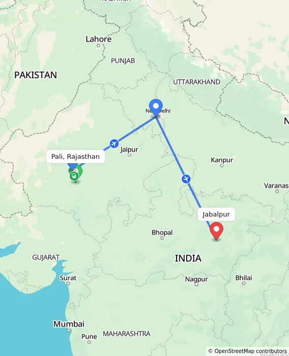 Route map showing distance and travel time from Pali, Rajasthan, India to Jabalpur, India