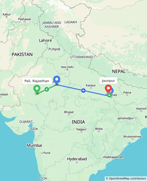 Route map showing distance and travel time from Pali, Rajasthan, India to Jaunpur, India