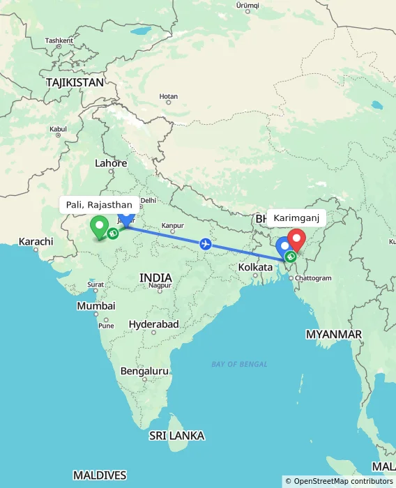 Route map showing distance and travel time from Pali, Rajasthan, India to Karimganj, India