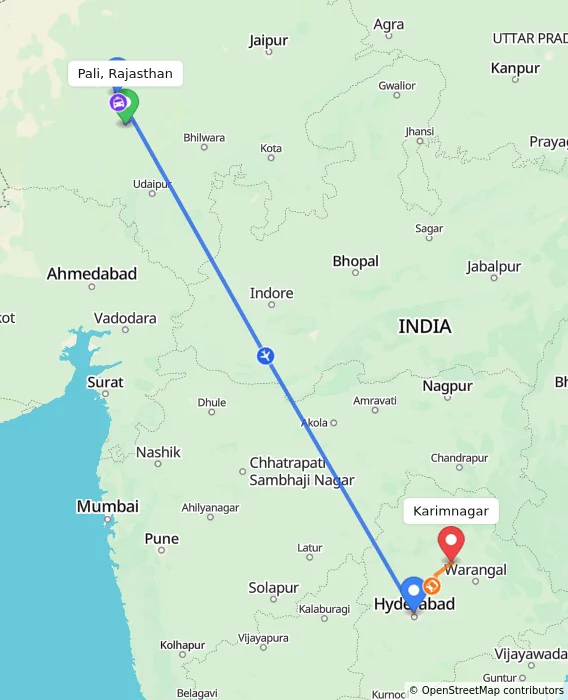 Route map showing distance and travel time from Pali, Rajasthan, India to Karimnagar, India