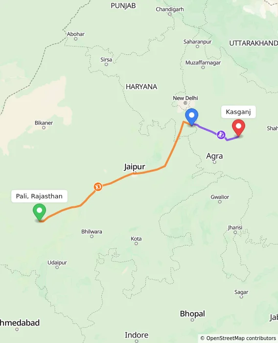 Route map showing distance and travel time from Pali, Rajasthan, India to Kasganj, India