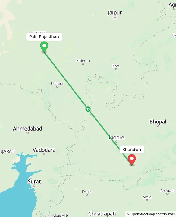 Route map showing distance and travel time from Pali, Rajasthan, India to Khandwa, India
