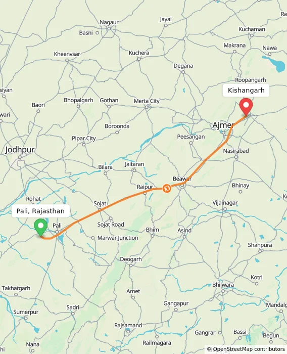 Route map showing distance and travel time from Pali, Rajasthan, India to Kishangarh, India