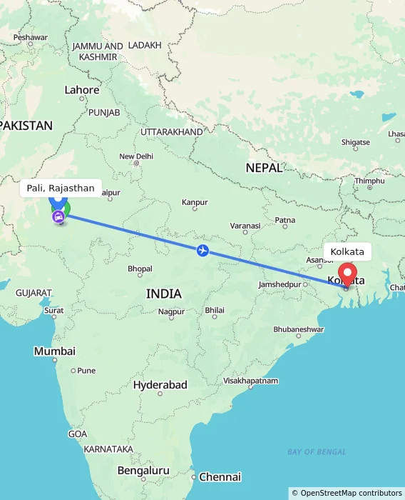 Route map showing distance and travel time from Pali, Rajasthan, India to Kolkata, India