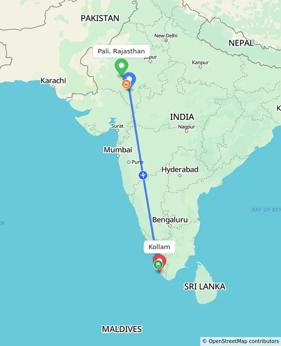 Route map showing distance and travel time from Pali, Rajasthan, India to Kollam, India