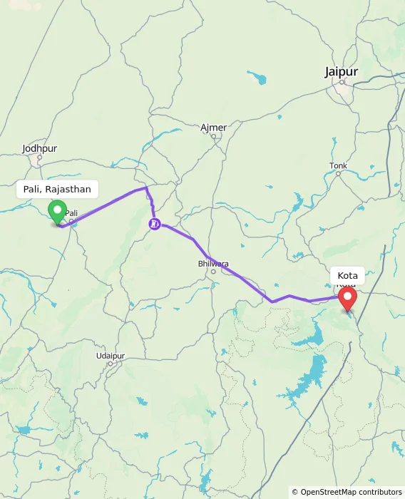 Route map showing distance and travel time from Pali, Rajasthan, India to Kota, India