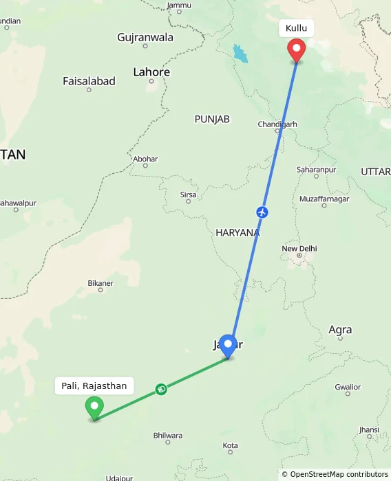 Route map showing distance and travel time from Pali, Rajasthan, India to Kullu, India