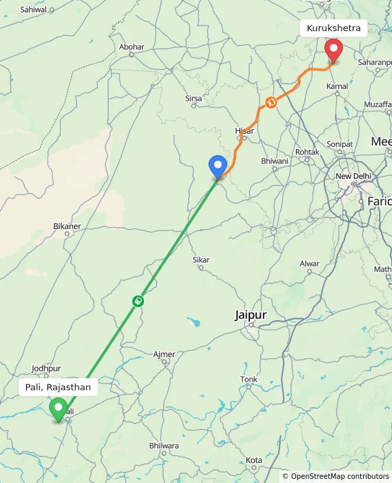 Route map showing distance and travel time from Pali, Rajasthan, India to Kurukshetra, India