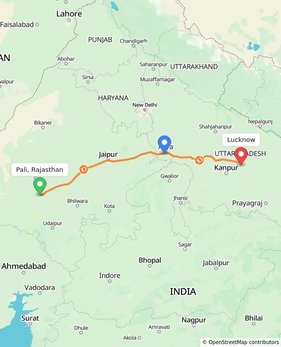 Route map showing distance and travel time from Pali, Rajasthan, India to Lucknow, India