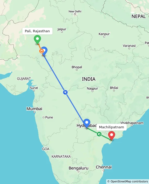 Route map showing distance and travel time from Pali, Rajasthan, India to Machilipatnam, India