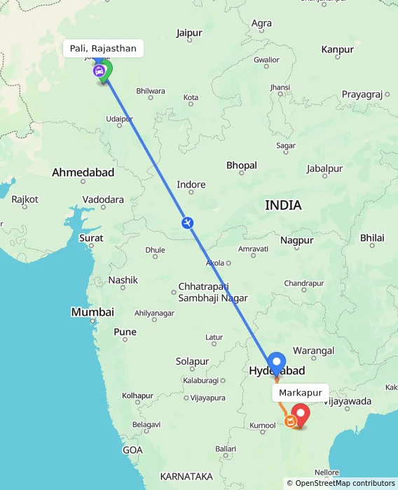 Route map showing distance and travel time from Pali, Rajasthan, India to Markapur, India