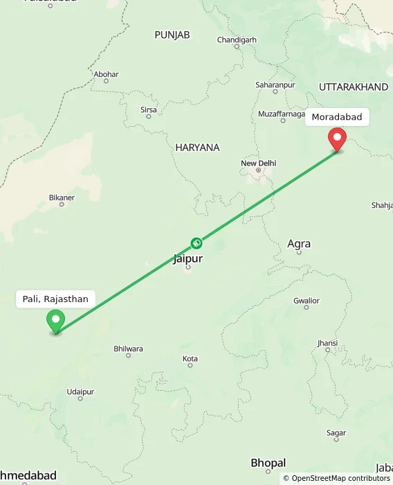 Route map showing distance and travel time from Pali, Rajasthan, India to Moradabad, India