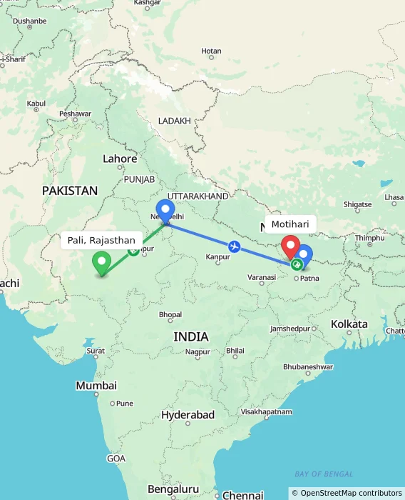 Route map showing distance and travel time from Pali, Rajasthan, India to Motihari, India