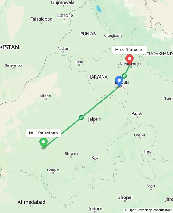 Route map showing distance and travel time from Pali, Rajasthan, India to Muzaffarnagar, India