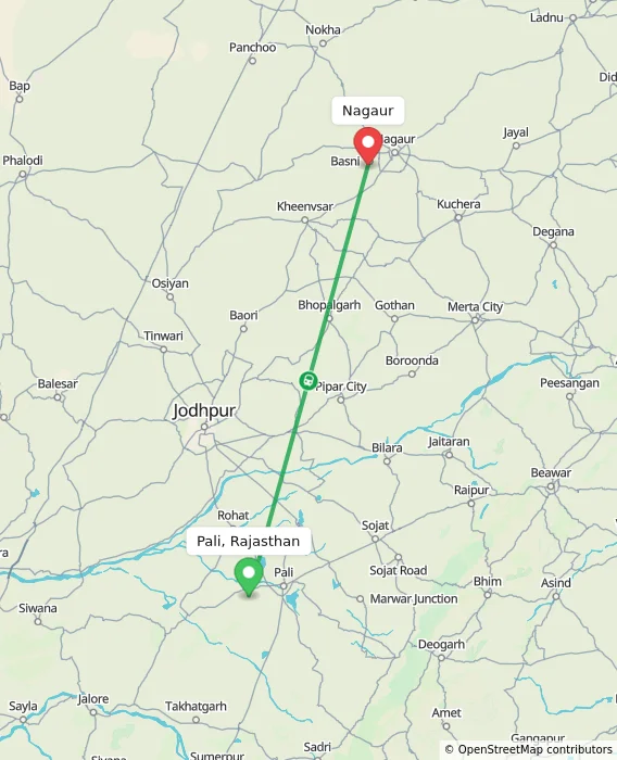 Route map showing distance and travel time from Pali, Rajasthan, India to Nagaur, India