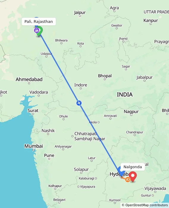 Route map showing distance and travel time from Pali, Rajasthan, India to Nalgonda, India