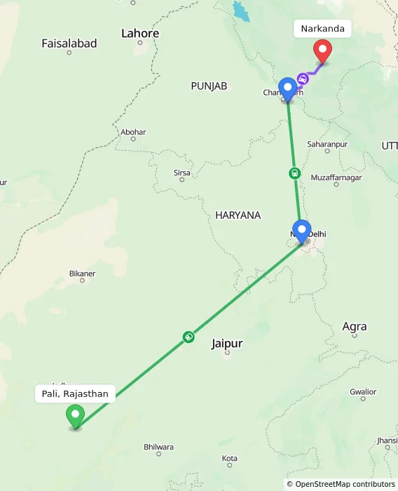Route map showing distance and travel time from Pali, Rajasthan, India to Narkanda, India